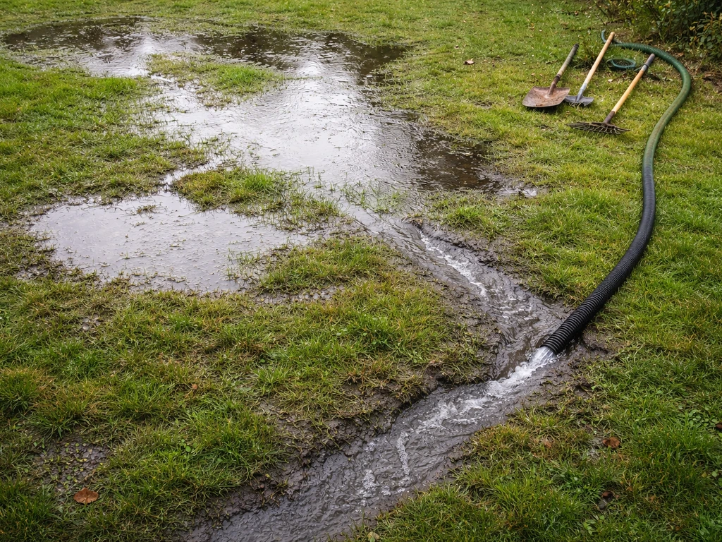 Bovenaanzicht van nat gazon met plassen, met tuingereedschap en afvoer richting op de achtergrond