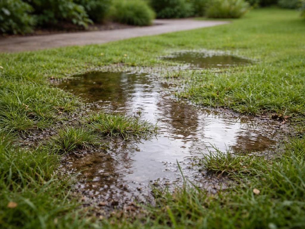 Nat gazon met stilstaande plassen na regen en donkere doorweekte grasplekken in een rustige tuin