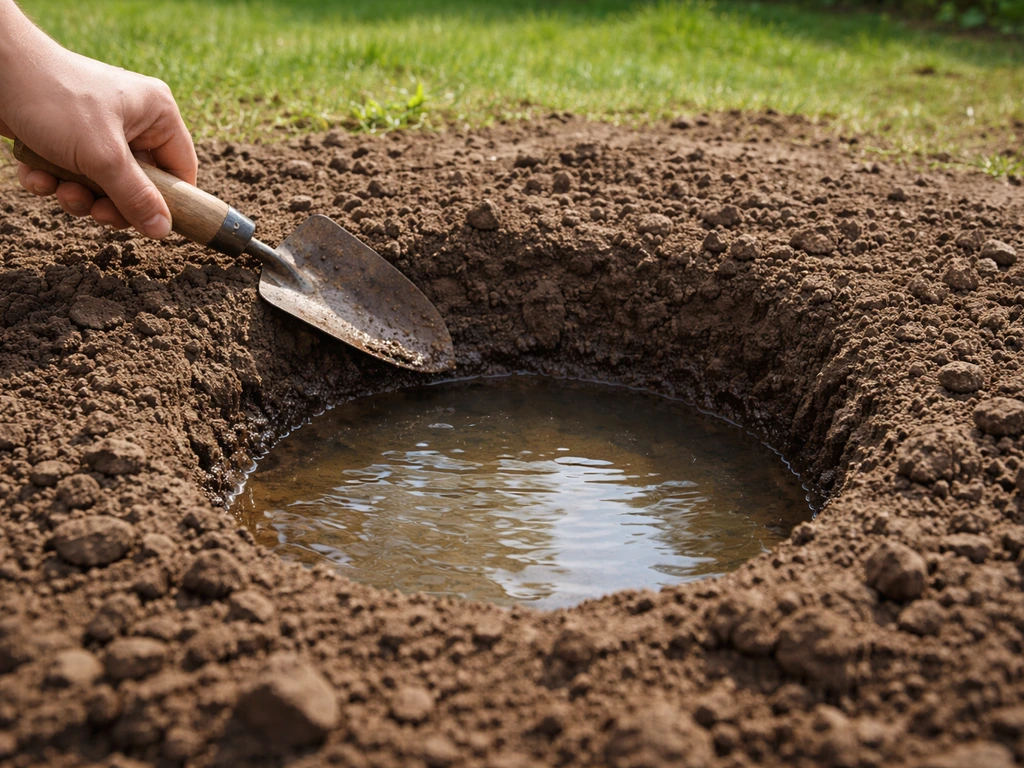 Tuingat van circa 30 cm gevuld met water, dat langzaam wegzakt in de grond.