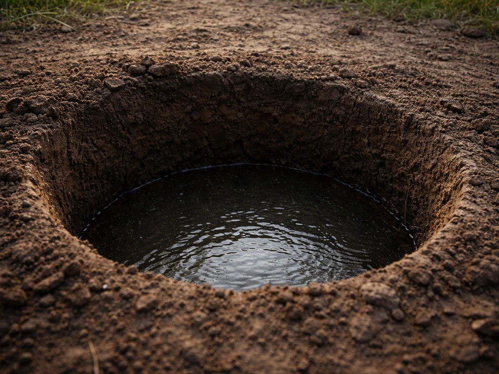 Recht van bovenzicht op een meetput van 60 cm met zichtbaar water in natte grond na een nacht