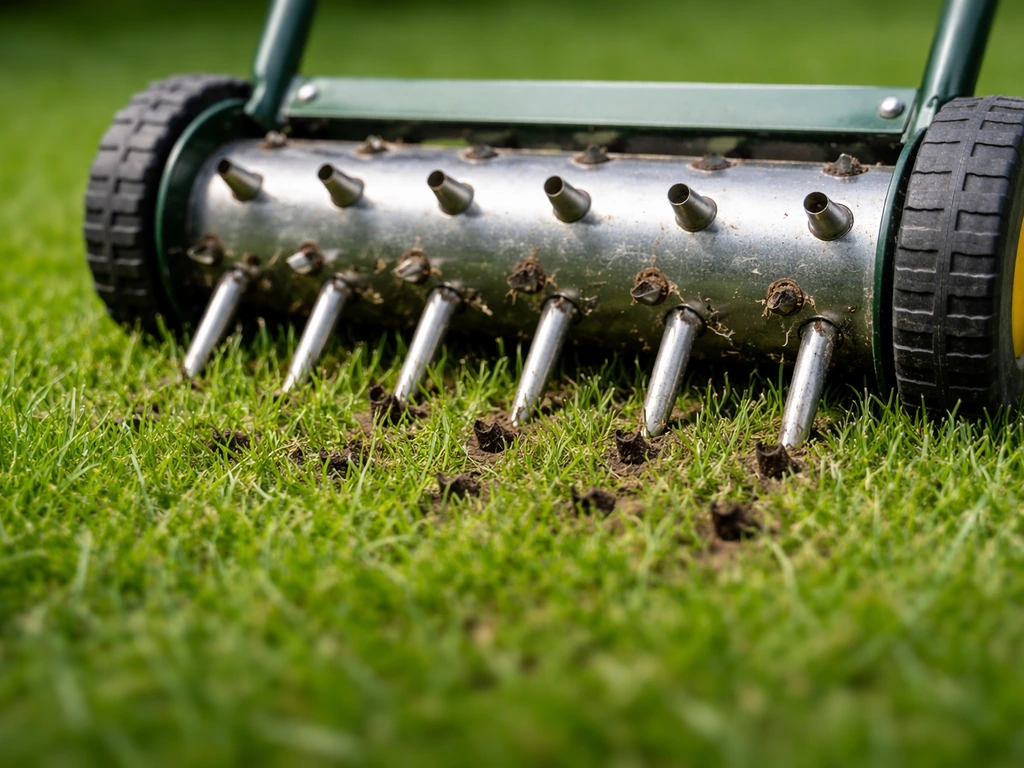 Gazonbeluchter/prikroller prikt gaatjes in het gras voor betere lucht, water en voeding bij de wortels.