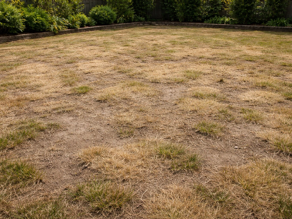 Bruin afgestorven gazon met kale plekken na roundup op gras, als startpunt voor herstel