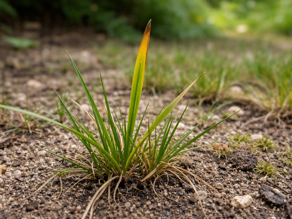 Close-up van een grasspriet in een tuin die geleidelijk geelbruin begint te worden door glyfosaat-effect.