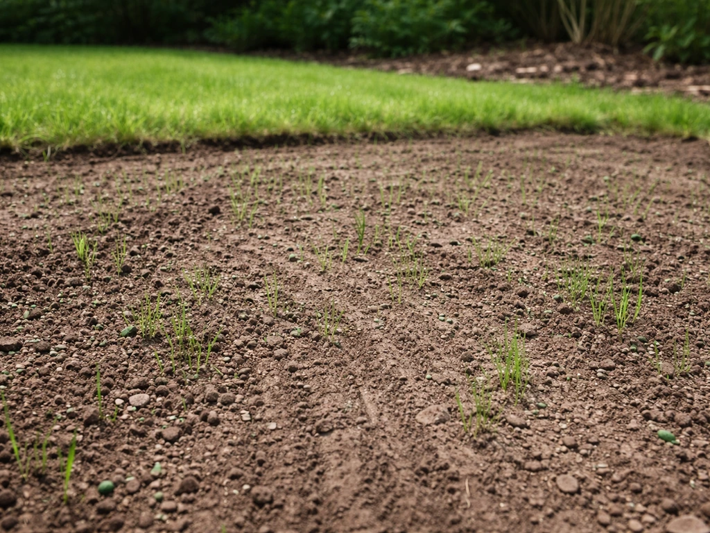 Hersteld gazonvak: verse inzaaigruis en nieuw gras tussen rijen aangeharkt zand na het doorzaaien