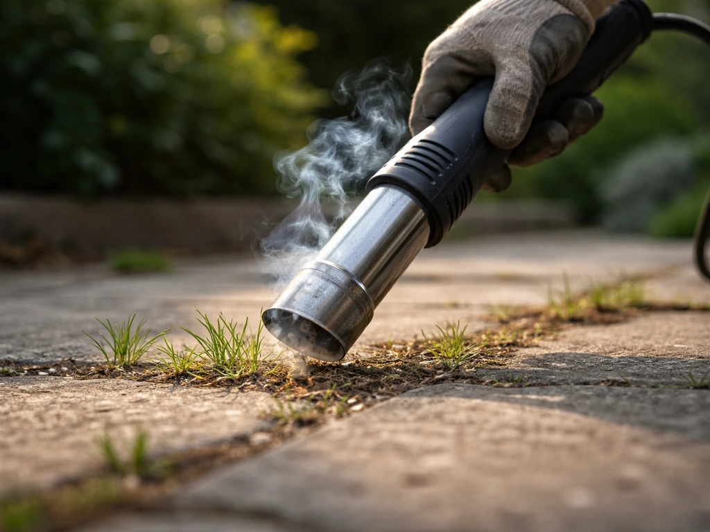 Close-up van een elektrische onkruidbrander die jonge grasspruiten verhit, met zichtbare hitte in minimalistische tuinse
