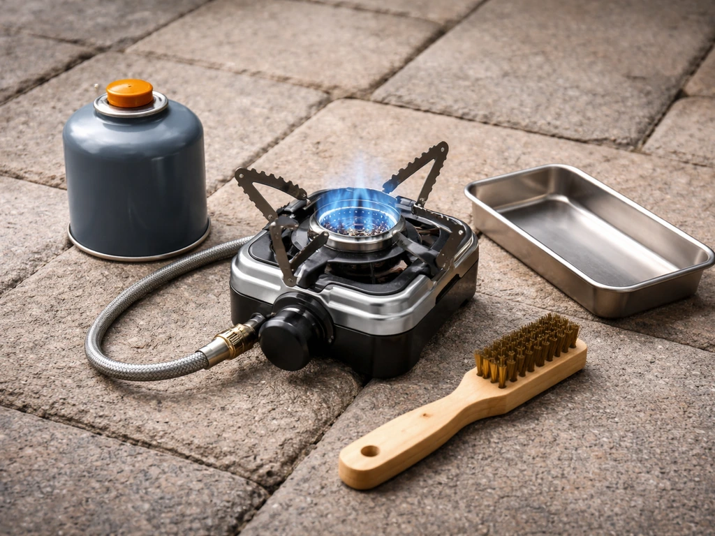 Gasbrander met gaspatroon en een opvang/borstel-achtig accessoire op een schone oprit