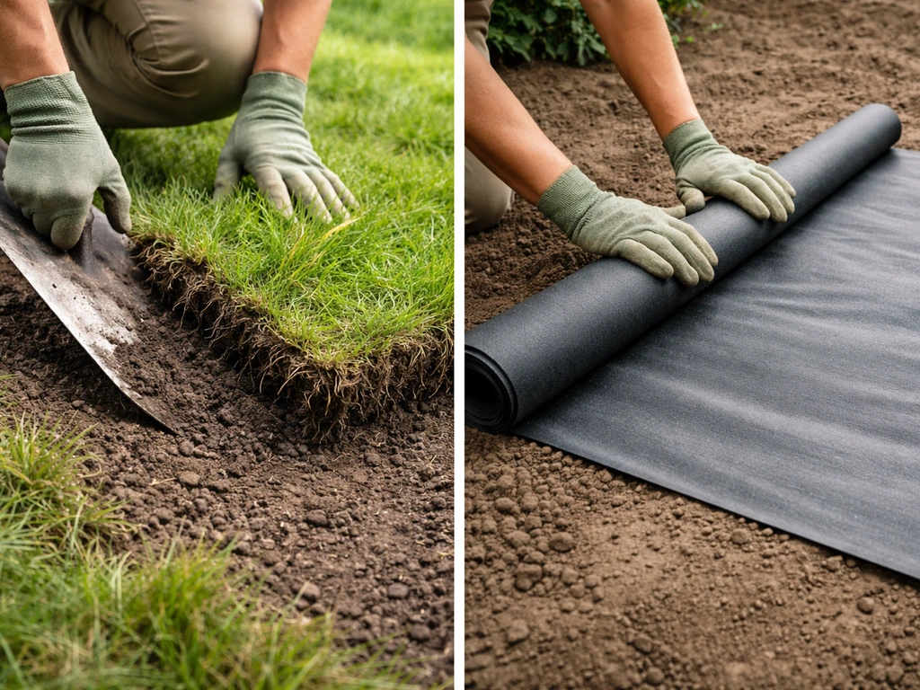 Twee tuinsituaties: links zoden lossteken met scherpe schop, rechts grond afdekken met folie.