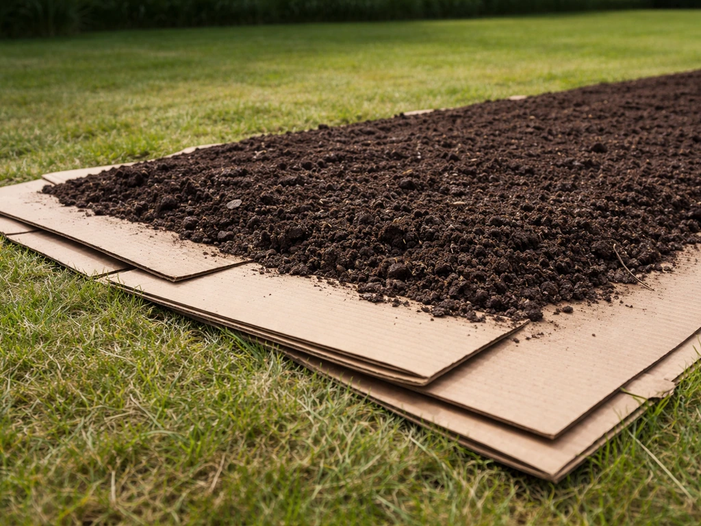 Overzicht van lasagna-methode: gemaaid gras, karton en compost als afdeklaag op een gazonstrook.