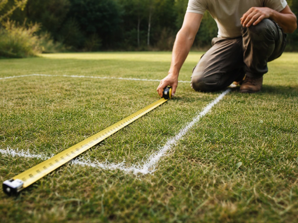 Rolmaat en aftekenlijnen op een grasveld, klaar voor het meten en plannen van een klusoppervlakte.