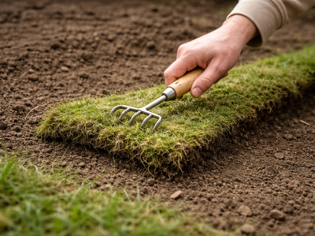 Close-up van het afkrabben van alleen de groene gras-/mostoplaag van een tuinbodem.