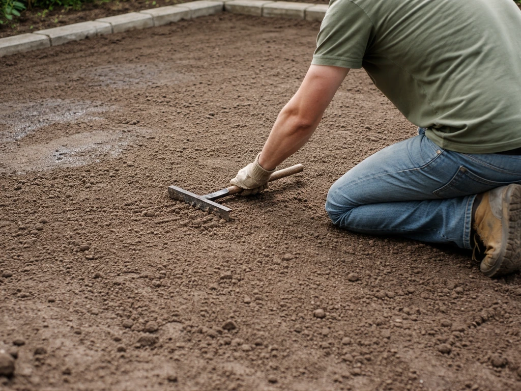 Persoon egaliseert kale tuinbodem; geen blijvend water in de ondiepe kuil, focus op afwatering en vlakheid.