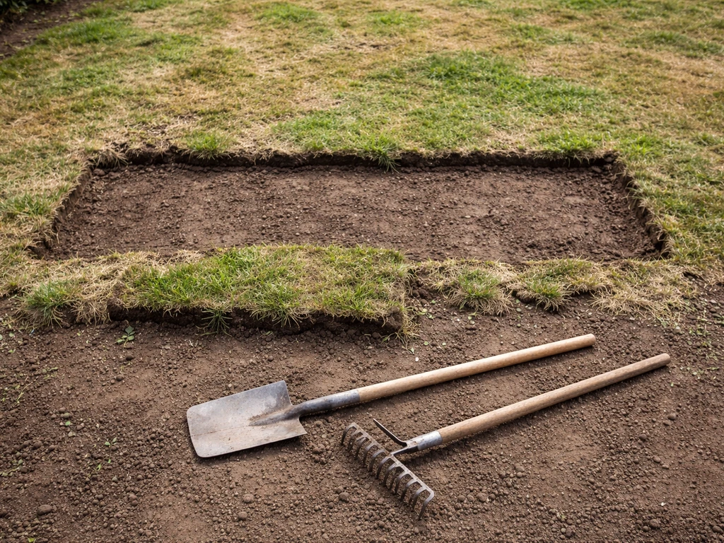 Bovenaanzicht van een gazon met grasvilt en plagsnedes, met spade en hark klaar voor renovatie.