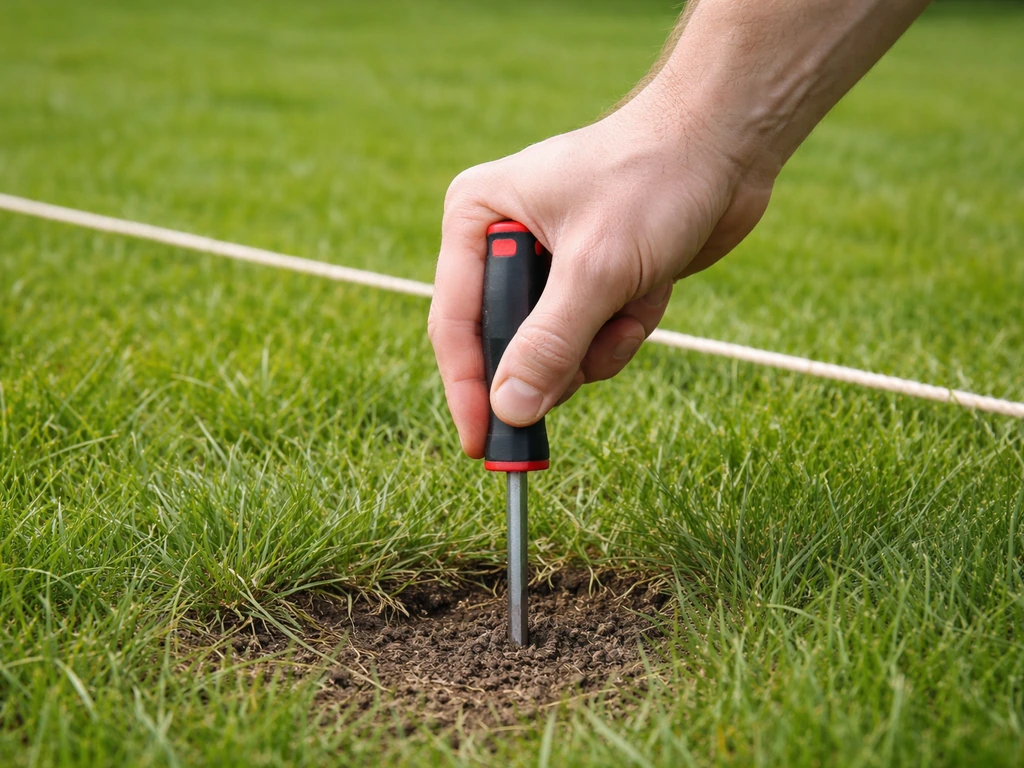 Prikpen/schroevendraaier in het gazon om verdichting te testen, met lichte afbakening op de grasmat.