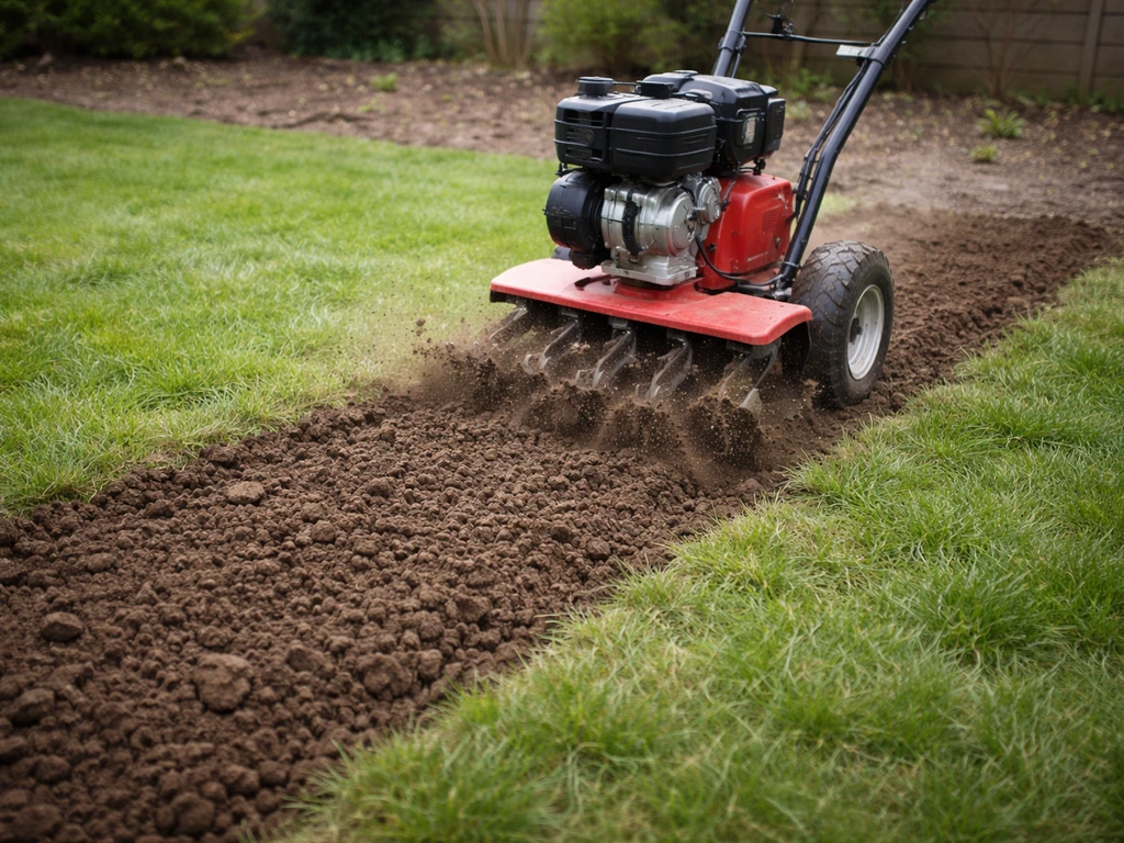 Roterende graszodenfrees die een strook gras en bovenlaag omwerkt tot fijne grond, in een rustige tuin.
