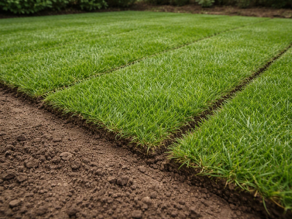 Close-up van nieuwe graszoden net aangedrukt, met strakke graslijnen en zicht op de ondergrond.