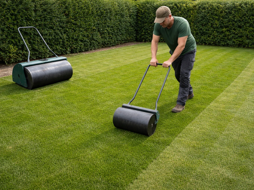 Werker drukt gras aan met een handrol; links staat een graswals/afrijbak als alternatief.
