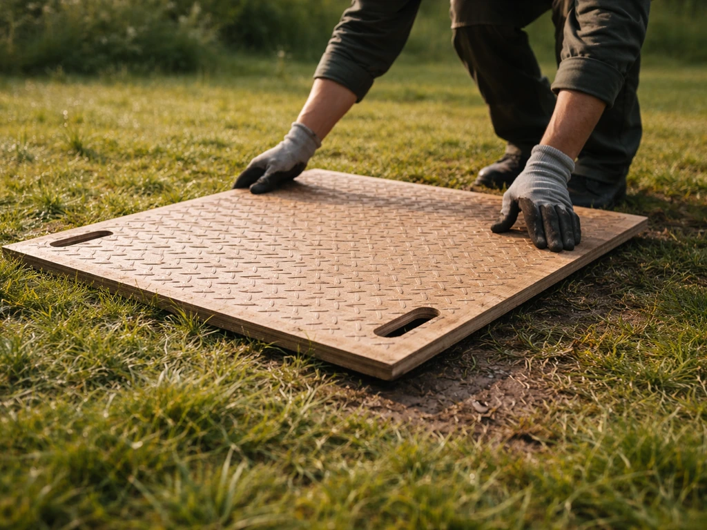Handen met handschoenen leggen plank/rijplaat klaar op een vlak stuk gras om veilig te drukken