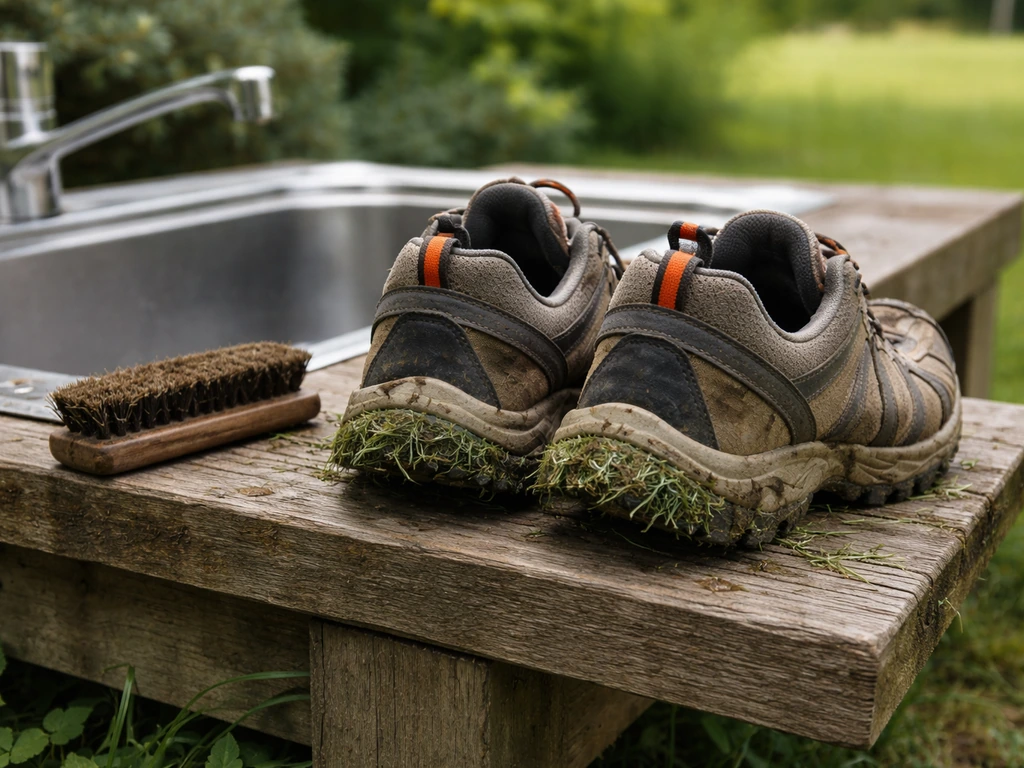 Twee schoenen met groene grasresten op de zolen bij een wasbak buiten, klaar om schoon te maken.