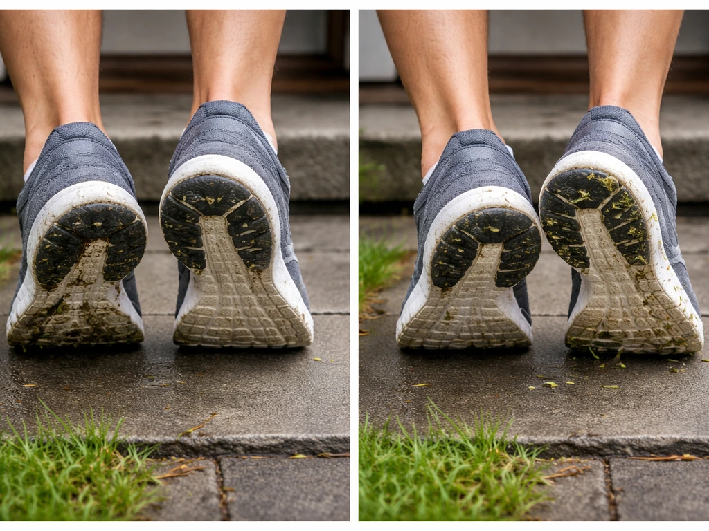Sport schoenen op stoep: zolen tikken tegen elkaar om los gras van natte plekken te verwijderen.