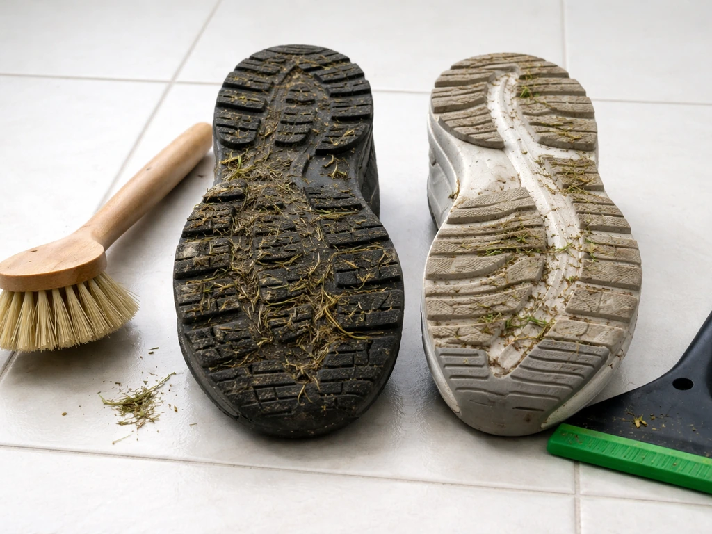 Close-up van rubber/kunsstof schoenzool met afwasborstel en rubber schraper op tegelvloer