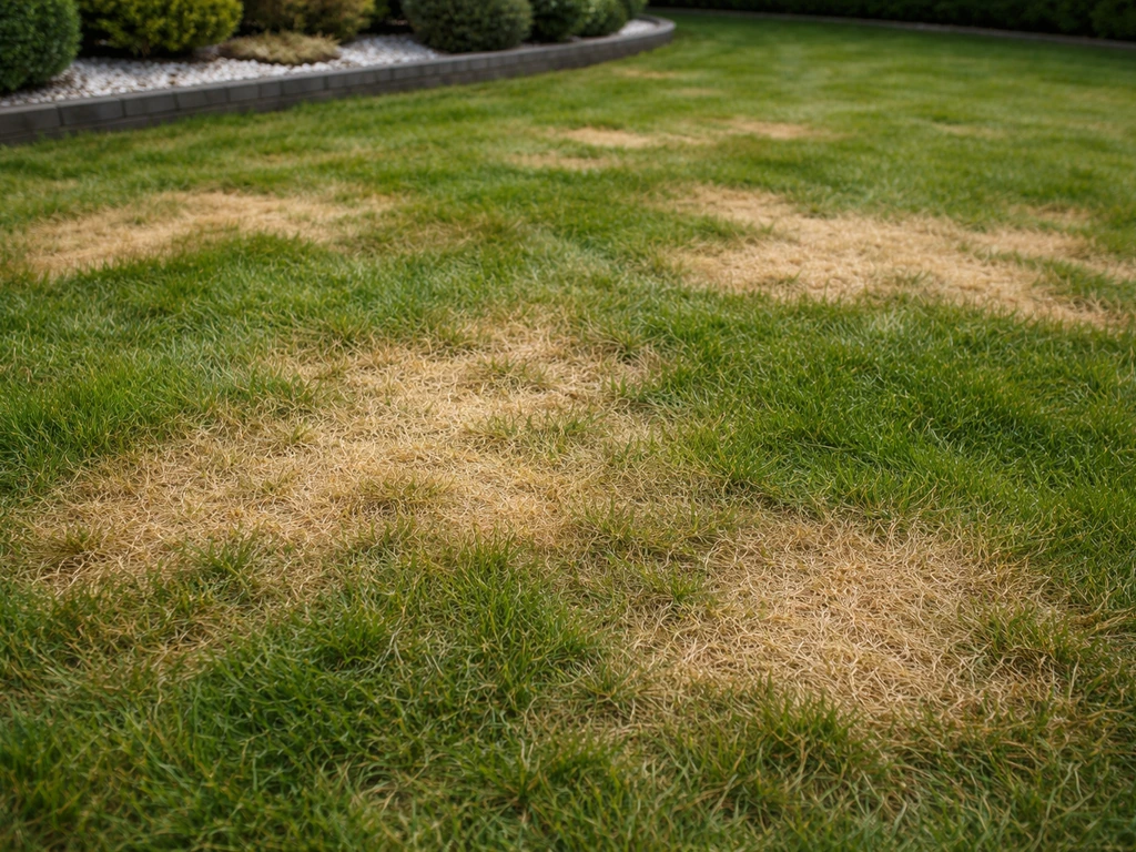 Bovenaanzicht van een NL-gazon met geelbruine verdroogde plekken tussen nog groen gras, in daglicht.