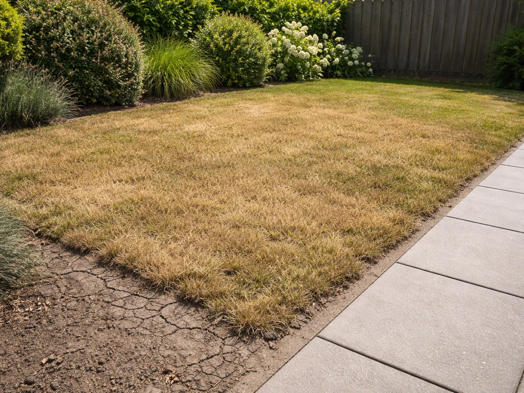 Uitgedroogd gazon naast bestrating in zonnig weer, waterafgifte verdampt snel en gras blijft schraal