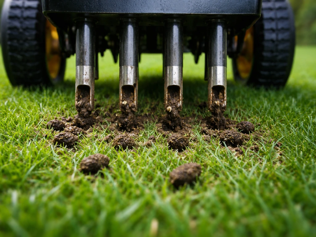 Beluchter met holle tines prikt gaatjes in een gazon, met zichtbaar opengewerkte grond voor betere doorlatendheid.