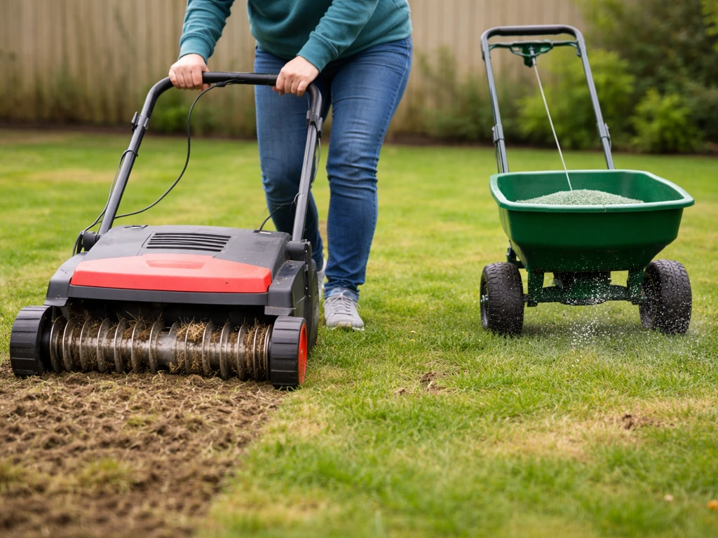 Tuinman verticuteert en strooit mest op een herstellend gazon met zichtbare verticuteermes en strooier