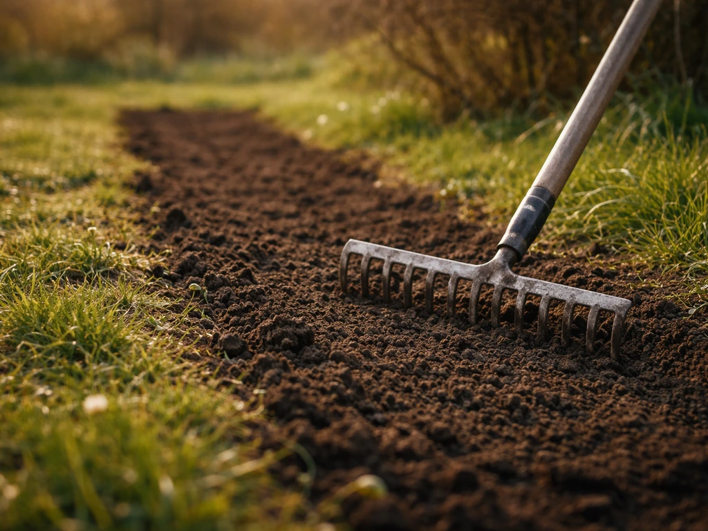 Hark in een net voorbereid gazon met warm lentezon; seizoens- en timinggevoel voor grasvernieuwing in NL