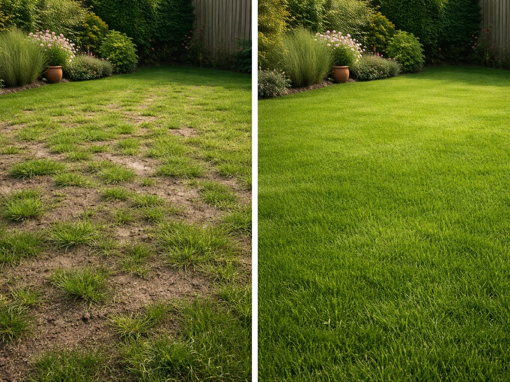 Splitbeeld van een gazon met kale plekken tegenover een dicht, groen stuk gras bij keuze tussen bijzaaien en opnieuw inz