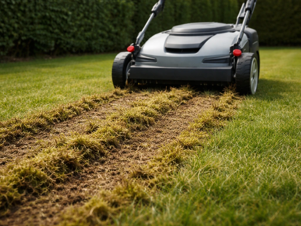 Tuinman met verticuteermachine die vilt en mos uit het gazon snijdt, close-up op het gras