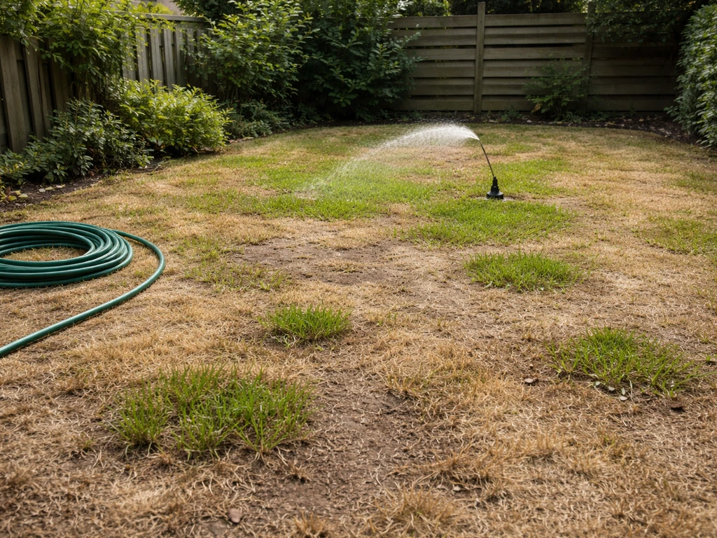 Herstellend gazon met deels bruine plekken, besproeiingsslang en verse grastuintjes in een groene tuin