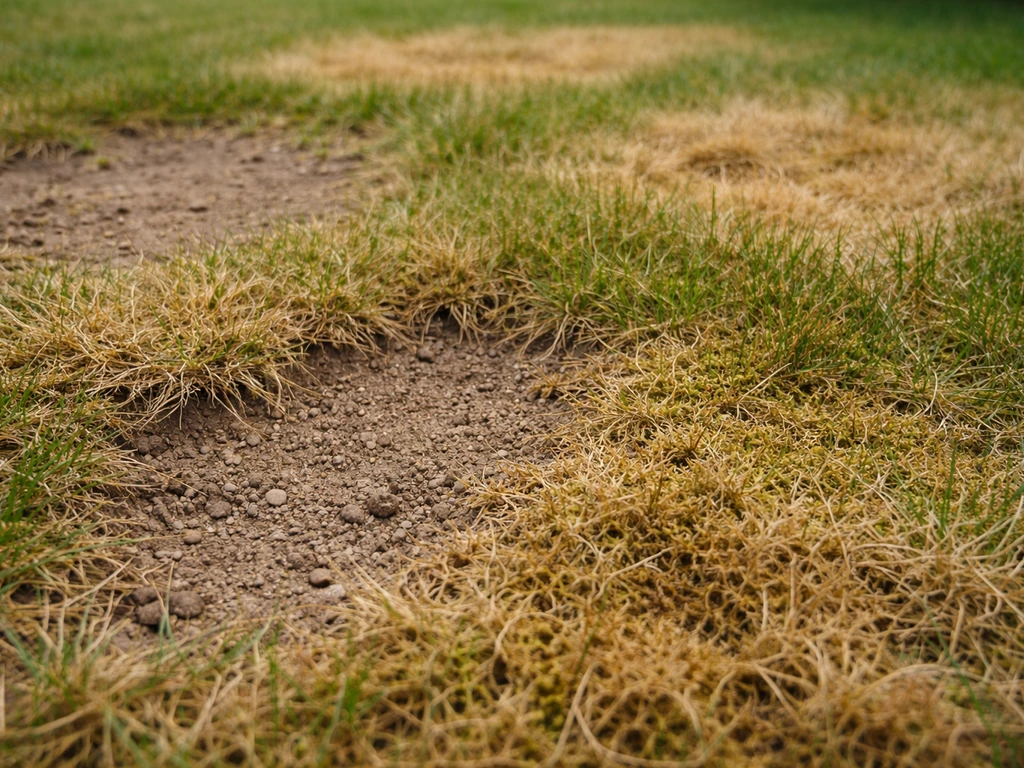 Tuingras met geelbruine plekken, kale vlekken en mos/vilt—duidelijk zichtbare tekenen op dezelfde plek