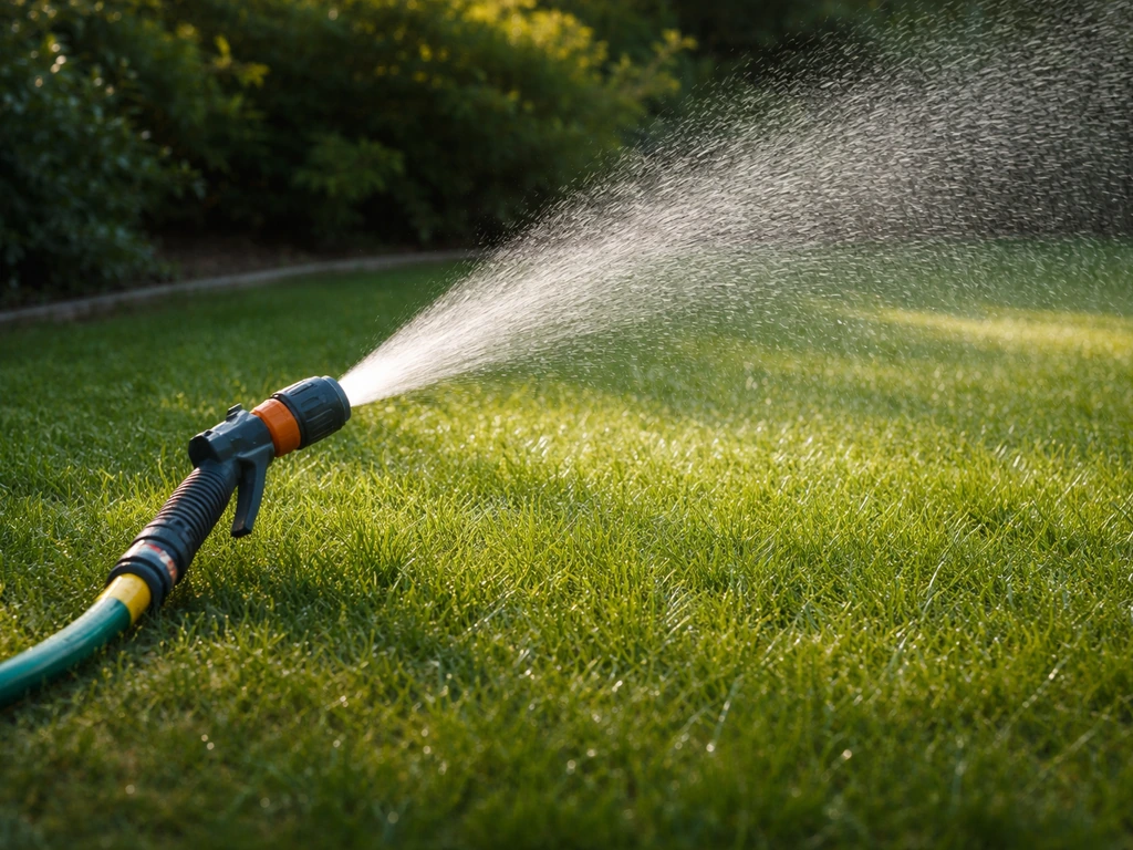 Tuinslang met sproeier die vroeg in de ochtend een grasveld diep water geeft, duidelijk zichtbare waterstralen.