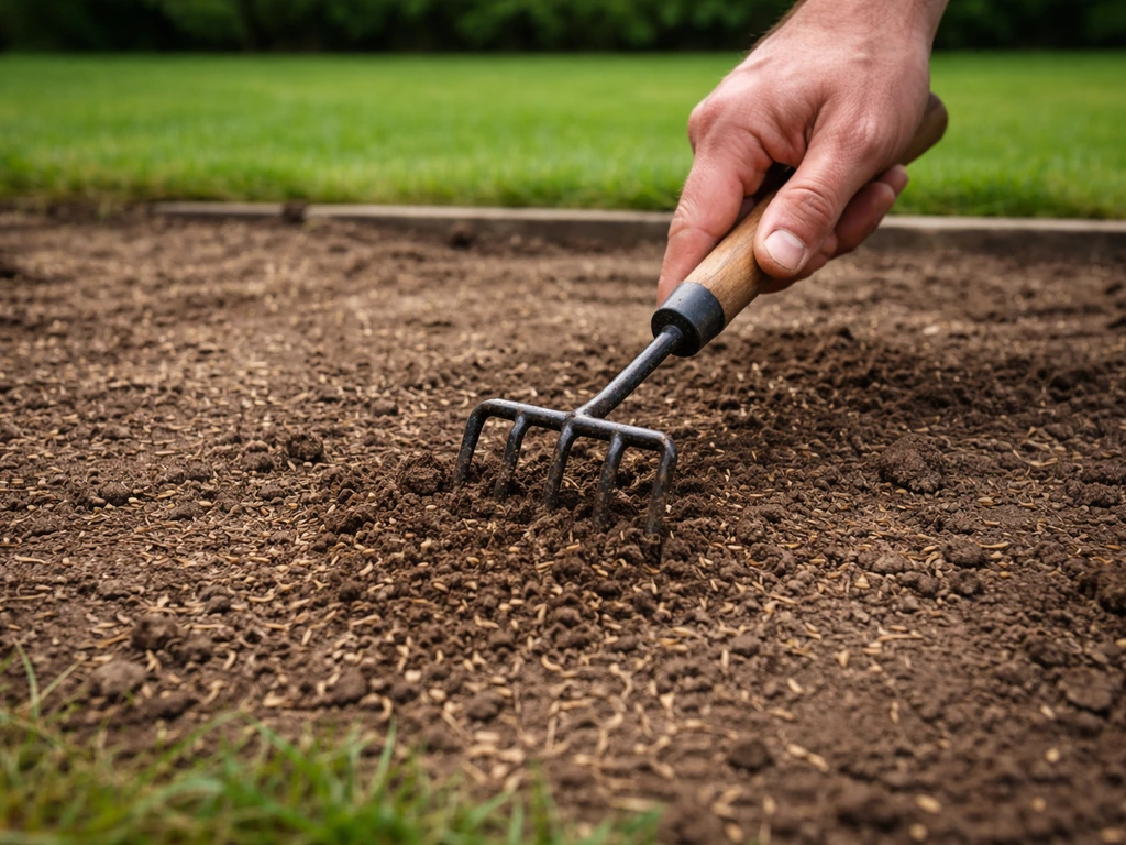 Losgemaakte grond met ingezaaid gras op een kale plek in het gazon, net bijgewerkt met een hark.