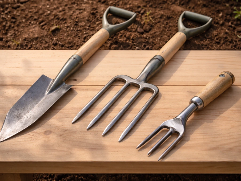 Scherp afsteekijzer/spade, spitvork/grondvork en handschoffel/worteltrekker op een houten werkbank in de tuin.