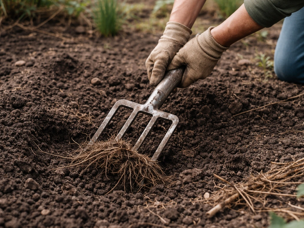 Tuinier met grondvork in een borderbodem die wortelresten losmaakt na het verwijderen van zoden