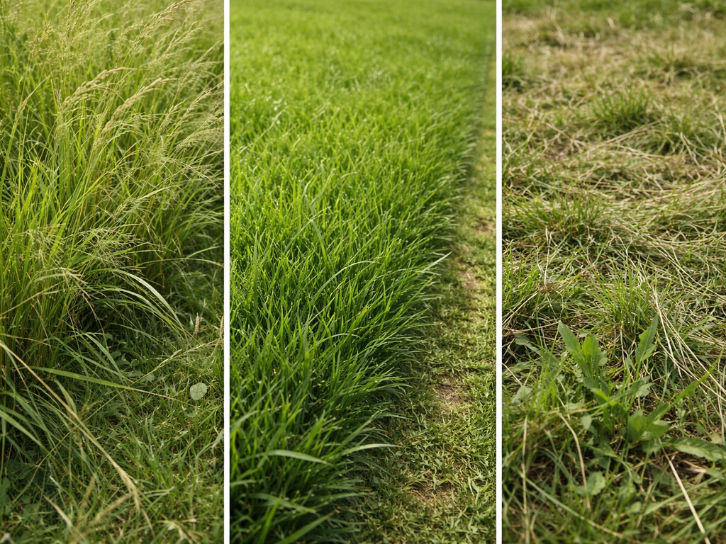 Drie soorten gras: hoog verwilderd, dichtbegroeide rand en stugge vegetatie, zonder mensen of machine.