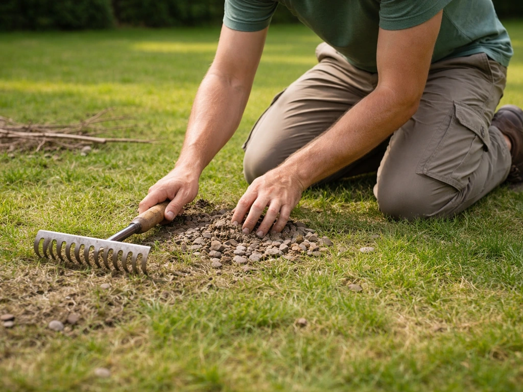Iemand verwijdert met de hand stenen en takken uit de tuin voordat de klepelmaaier start