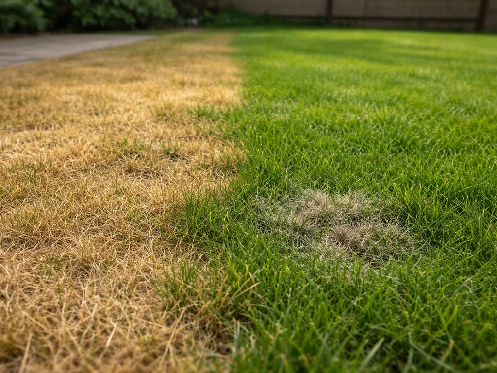 Binnentuin met gazon: deel verdroogd en geel, naast groenere zone met lichte schaduwplek