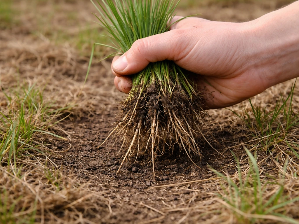 Hand trekt sprieten uit een bruine plek, met zicht op wortels om onderscheid te maken tussen dood en slapend gras.