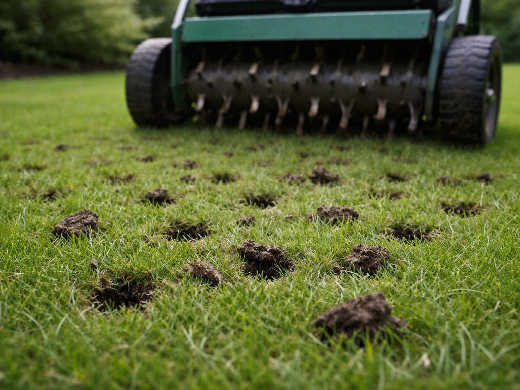 Beluchtingsmachine maakt zichtbare prikgaten in een verdicht gazon, aarde en gras in beeld.