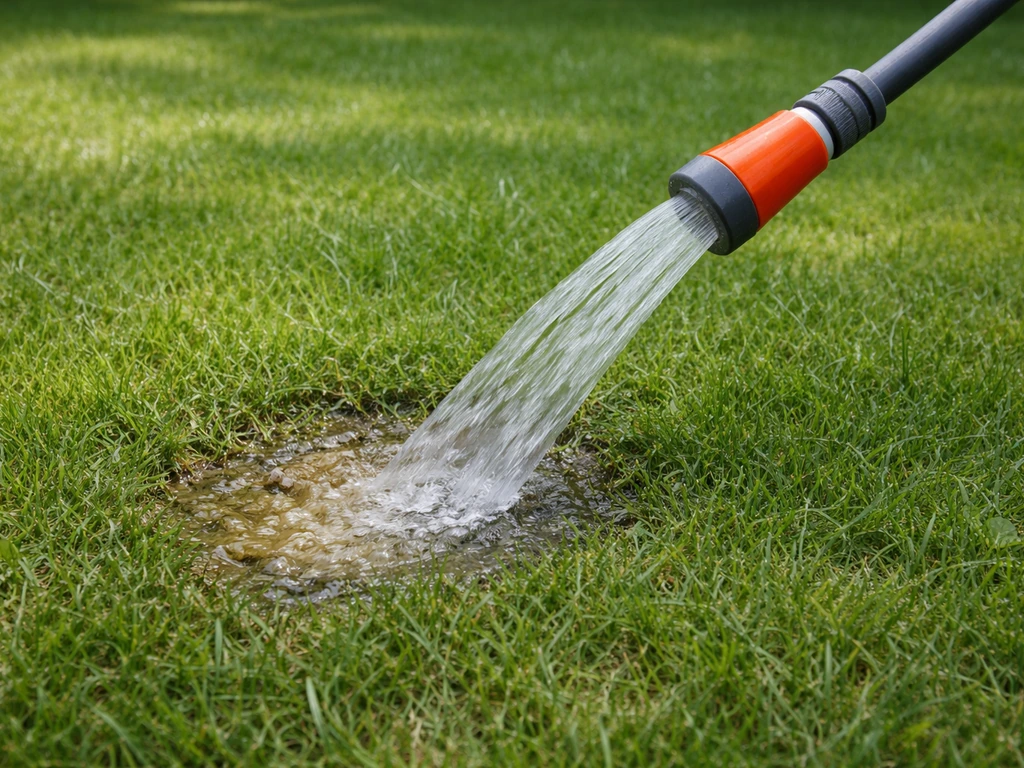 Tuinslang die water rustig over een kleine hondenplas plek in de tuin giet