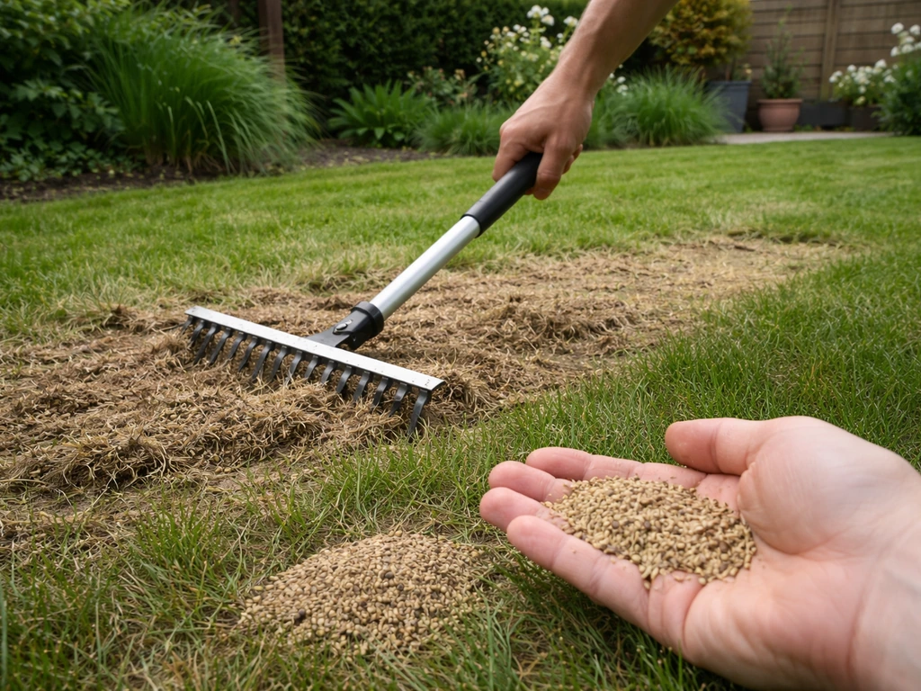 Hand harkt een klein stuk gazon met verticuteerhark; dood gras en vilt komen los voor doorzaaien.