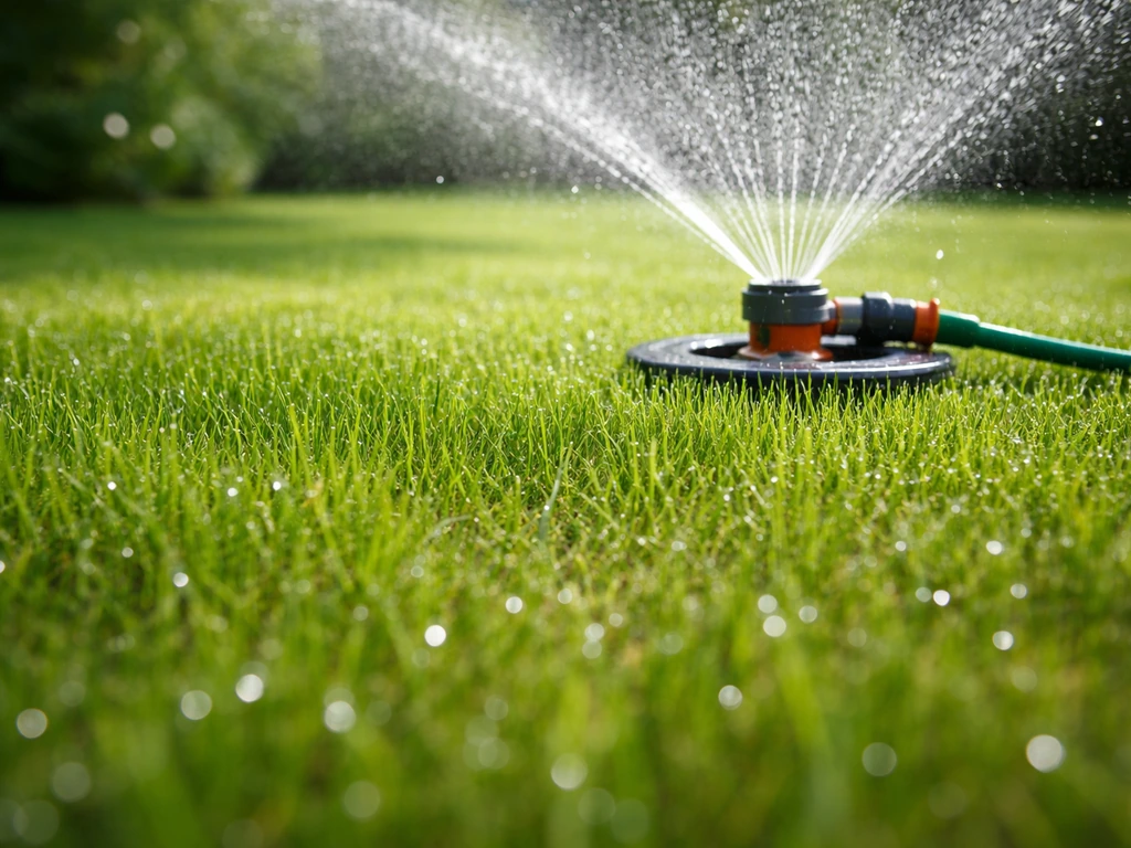 Herstelplek met frisgroene grassprieten terwijl een sproeier water geeft uit een tuinslang