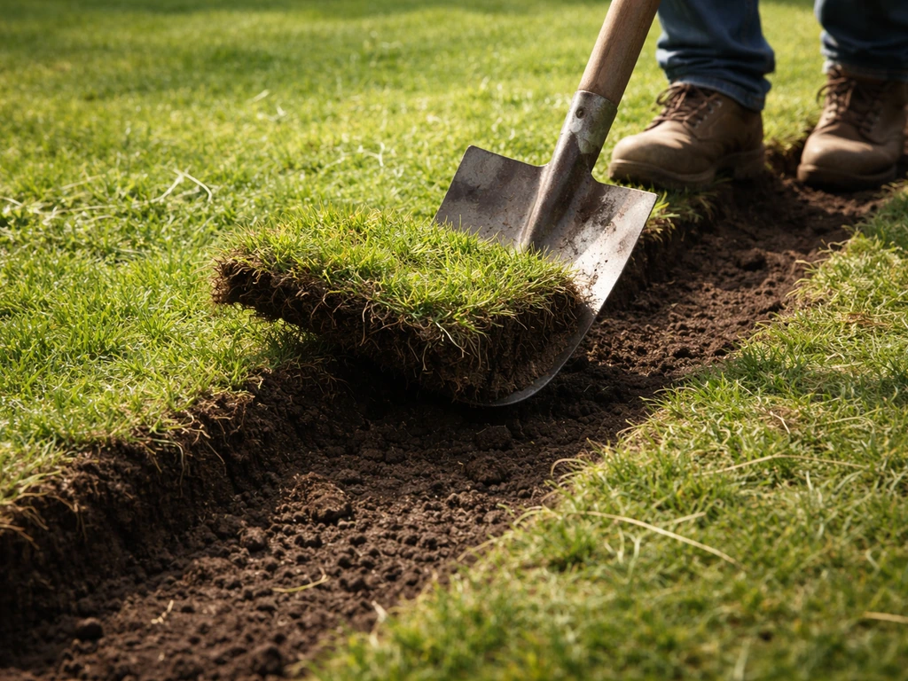 Schep die graszoden langs een afgebakende rand licht, met blootgelegde aarde in een tuin