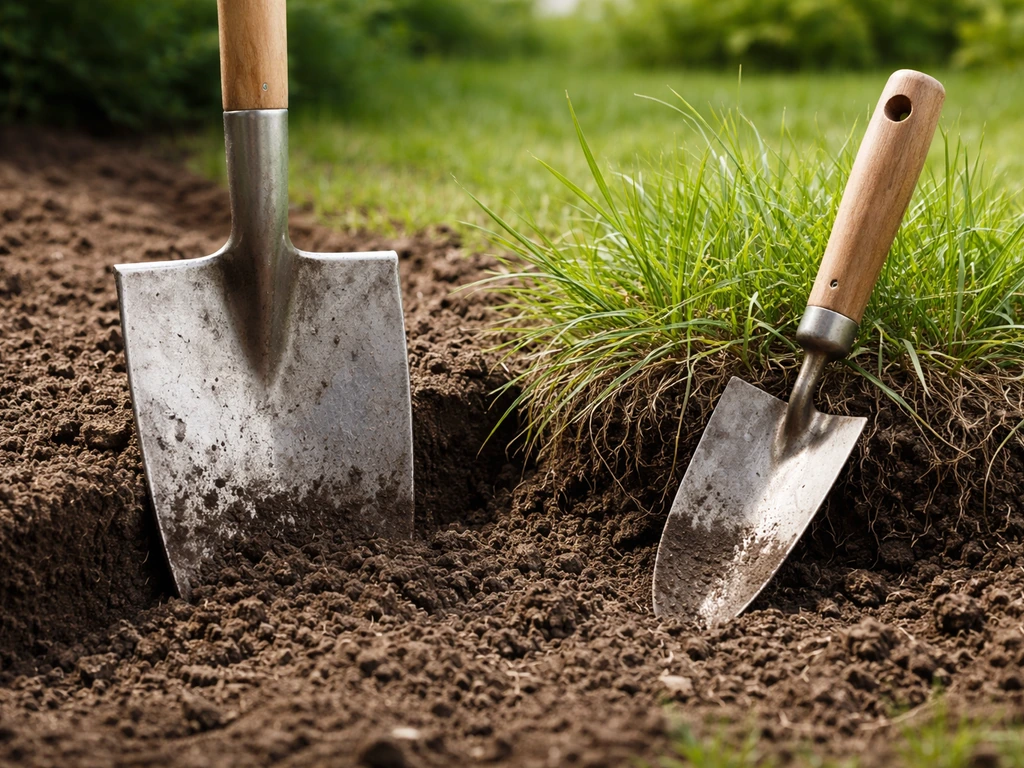 Steekschep en tuinschep in een Nederlandse tuin bij bordergrond en kweekgras, met zichtbare bodemtextuur.