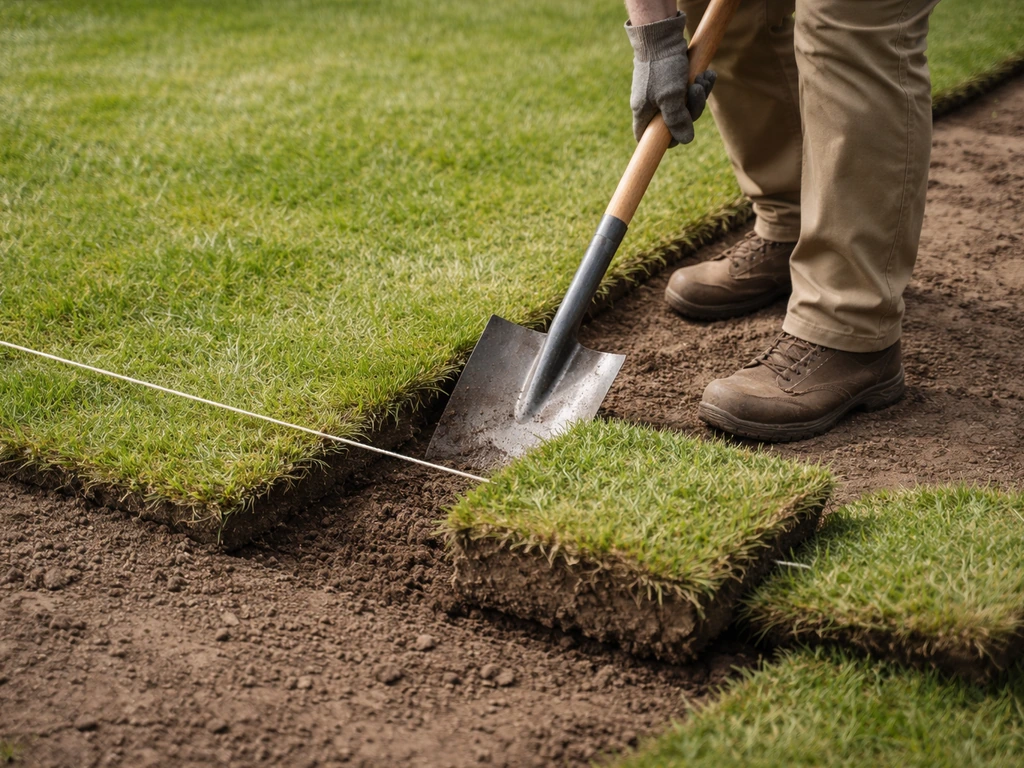 Persoon steekt zode af met schop langs een rechte touwlijn; graszoden zijn net losgelicht.