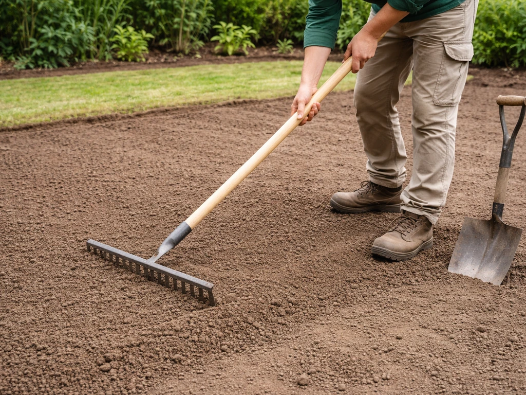 Tuinmanipulatie: losse, egale grondlaag van circa 20 cm met ingebedde bodemverbeteraar, klaar voor graszode