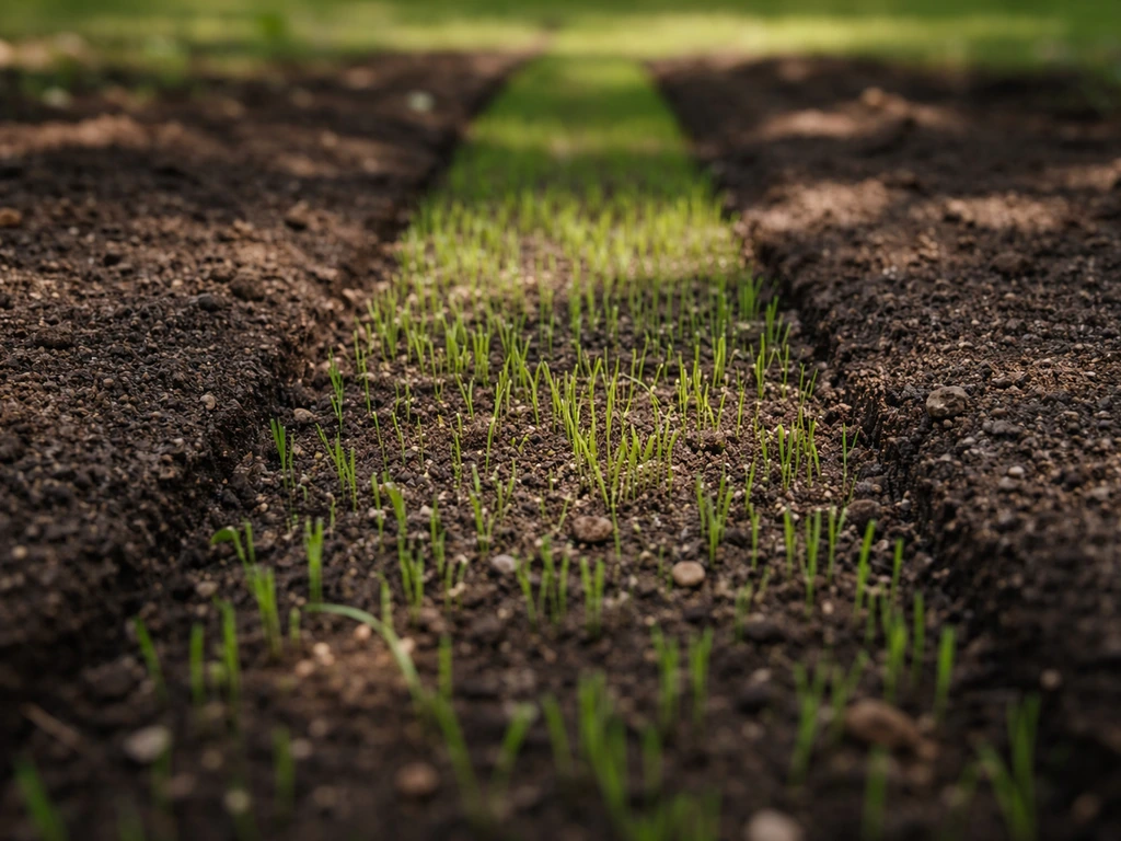 Close-up van opkomend gras tussen geschoonde stroken als vroege nazorg om teruggroei te voorkomen